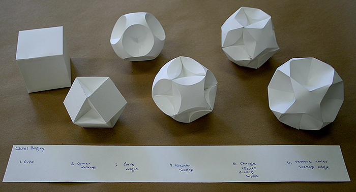 An excellent set of logically evolving forms, by Laurel Begley, Summer 2006. Each step is a small evolution from the previous one. Many in the series are astounding. Laurel later became the Art Department's Ceramics Lab Technician. tgf_example_set