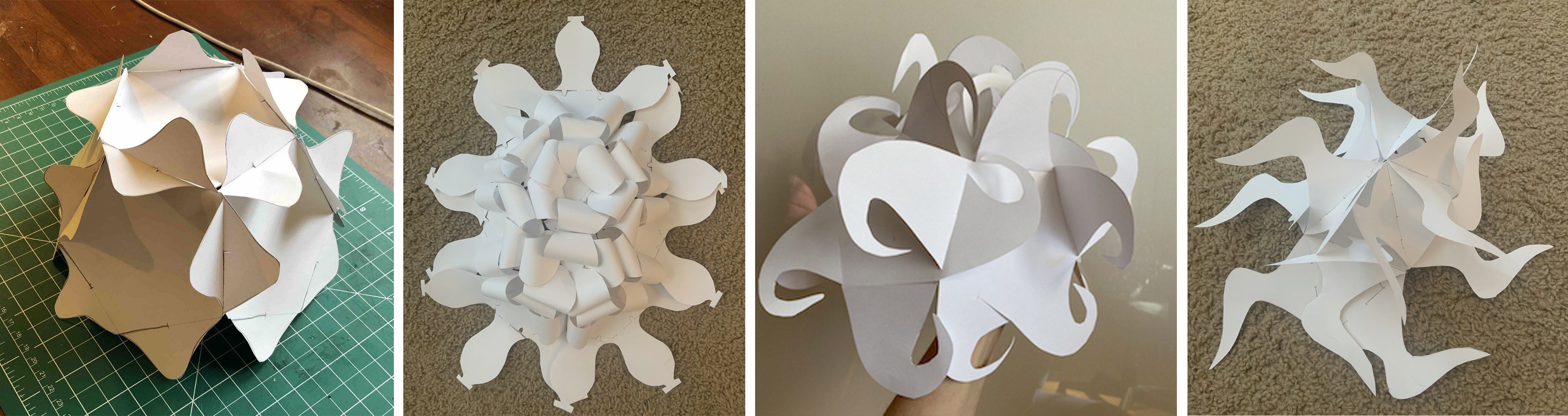 On the left is a prorotype with enough modules to demonstrate three symmetries, and to get a sense of the overall design. The two in the middle do not have enough The one on the right shows all symmetries but is still difficult to visualize. number-of-modules