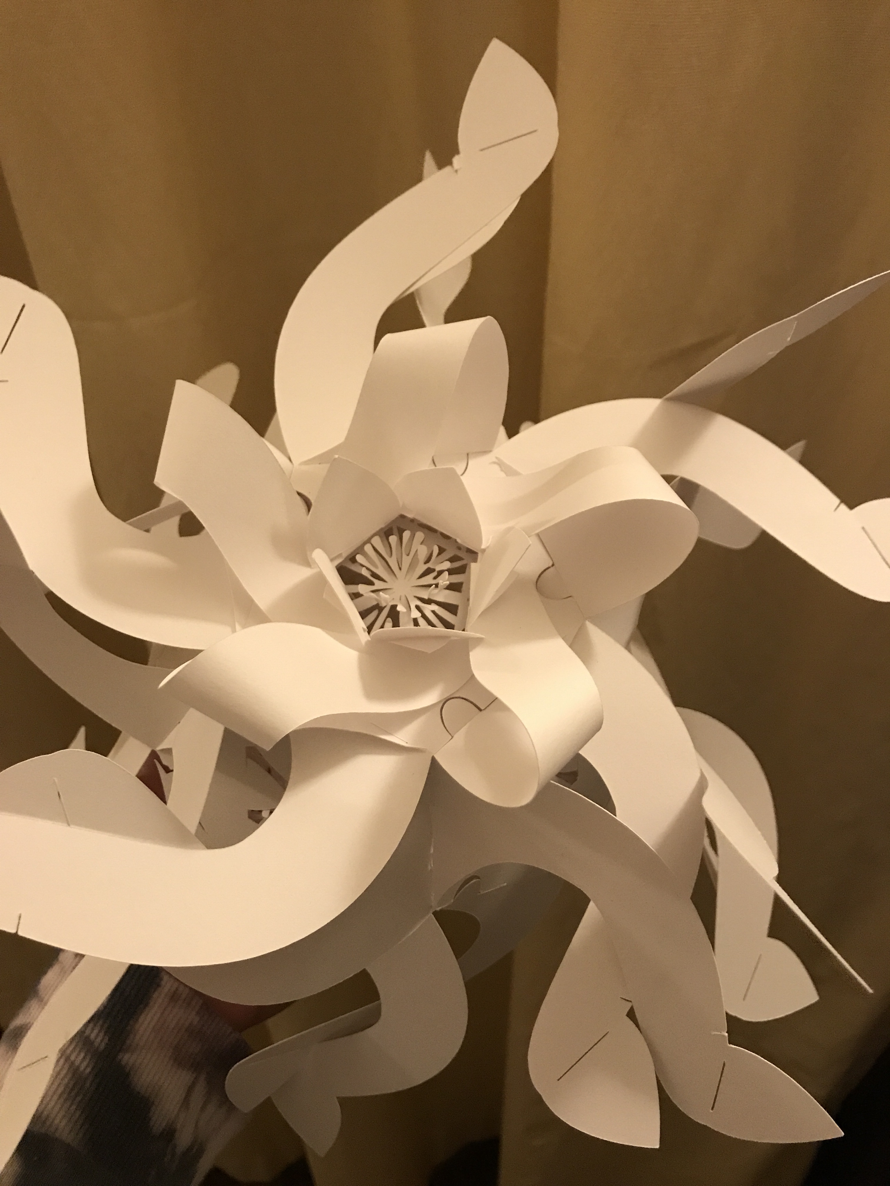 Here is the prototype made from paper. The stamen was created by through-perforations in a secondary layer that is projected through a hole in the center of the module. The stamen element had to be interlocked to the base polygon, but is hidden from view. elaboration-prototype-color