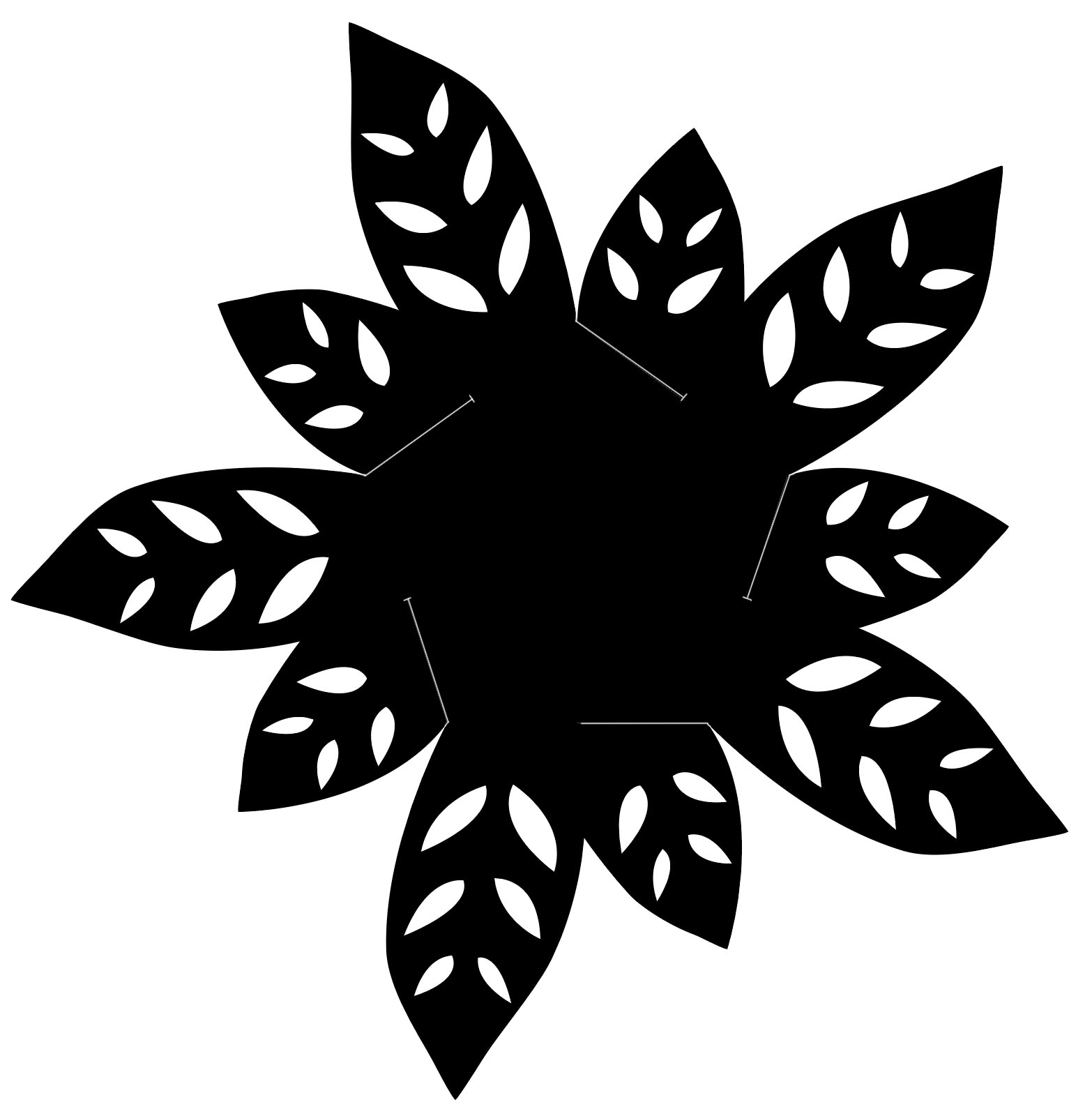 An example of a simple slit cut that runs between the base polygon and its extension. It goes to the halfway point of the base polygon's edge. Note the short relief cut at the center, which makes assembly more precise and easier. This design did not incorporate interlocks because the student stitched the adjacent modules together at their vertices with thread. Designed by Laura McGinnis, Fall 2018. module-slitted