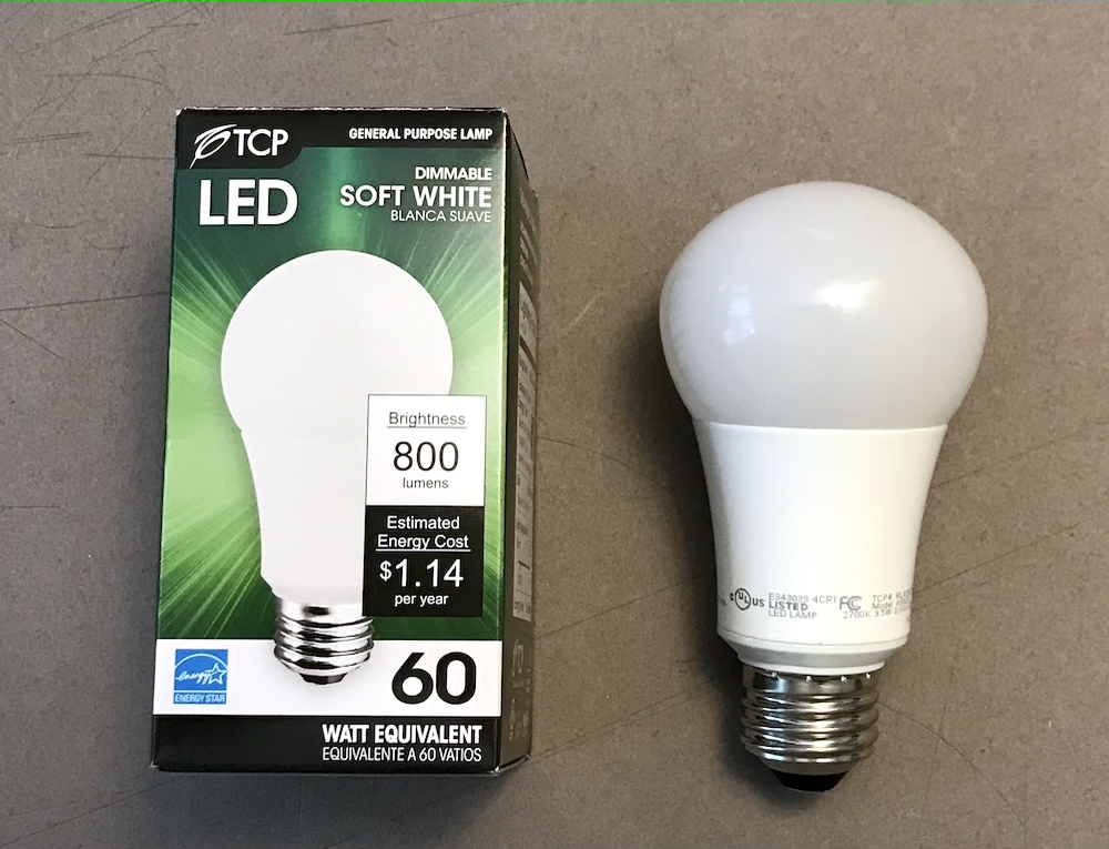 A typical LED bulb with an E26 (medium base) socket. 800-lumens provides a good brightness, though higher and lower lumens can be used. LED-bulb