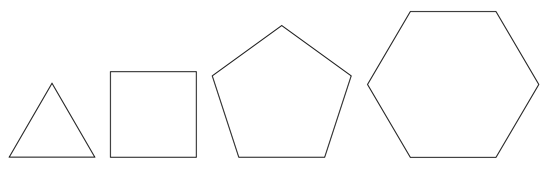 All four regular polygons have the same side lengths. This allows any one of them to mate with the others. shape