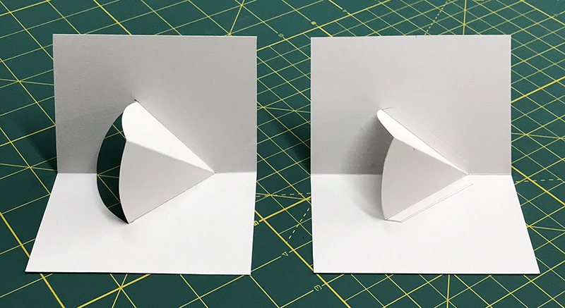To the left, a Cut and Fold example. To the right, Assemble. Both are v-folds of the same size, though appearance and technique differ. cut-and-fold-1
