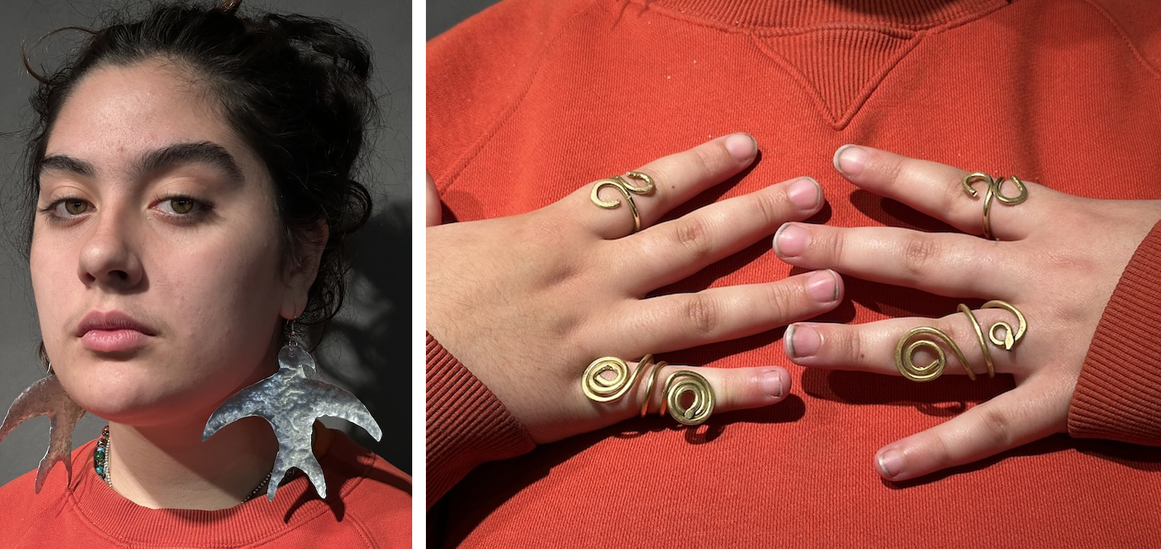Closer views of the work shows off their individual strengths. The rings and earrings are different enough to not be a set. amaya-lounibos-hartard-4