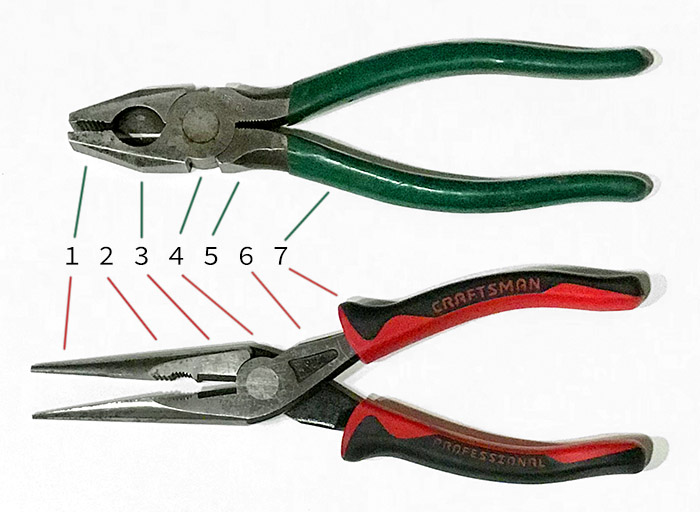 Above are two different kinds of pliers. Top: lineman's pliers. Bottom: needle-nose pliers. pliers