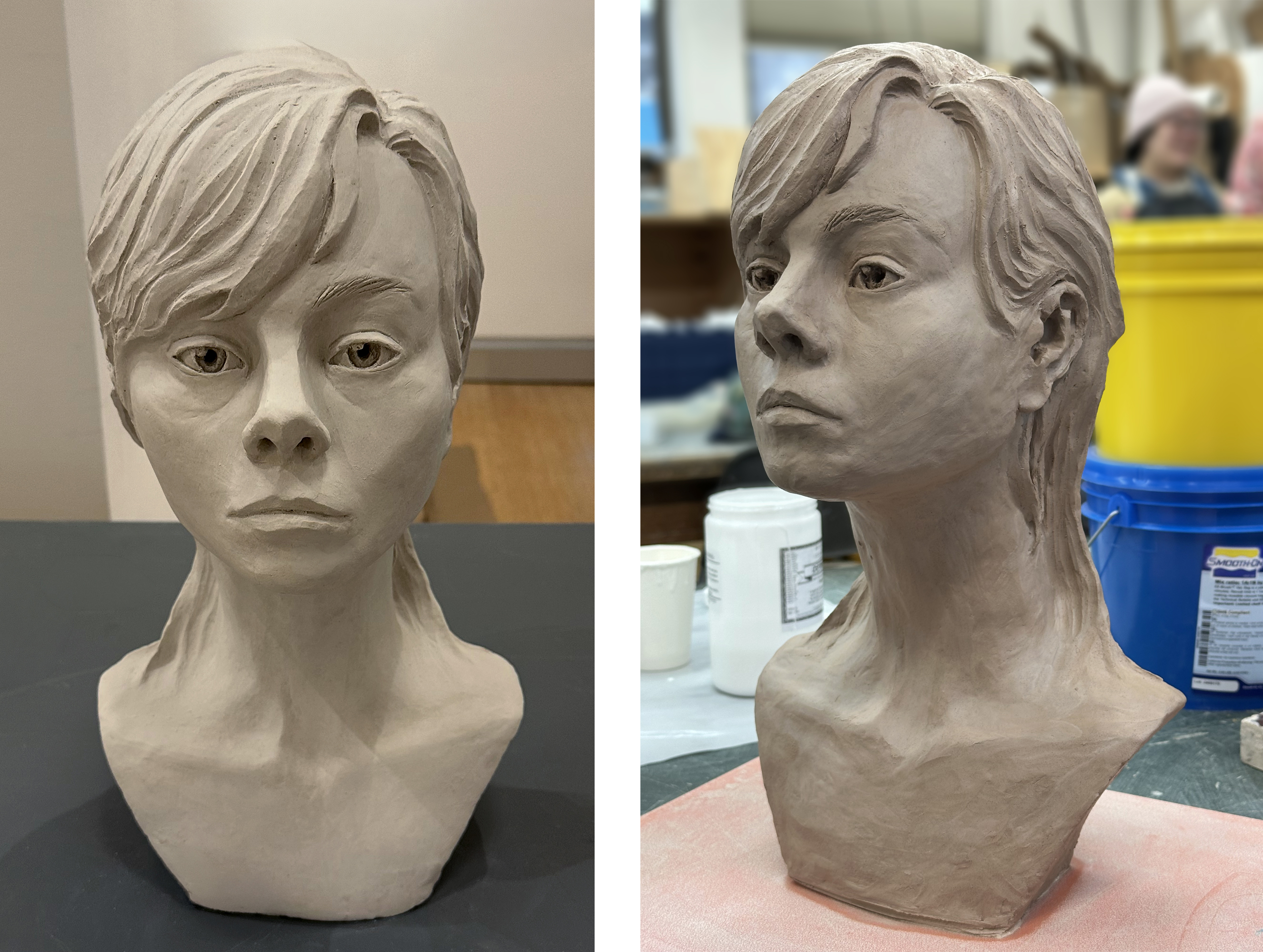 Micah Hall self-portrait, Spring 2025. On the left is a plaster casting and on the right is the original clay version. bust-10d