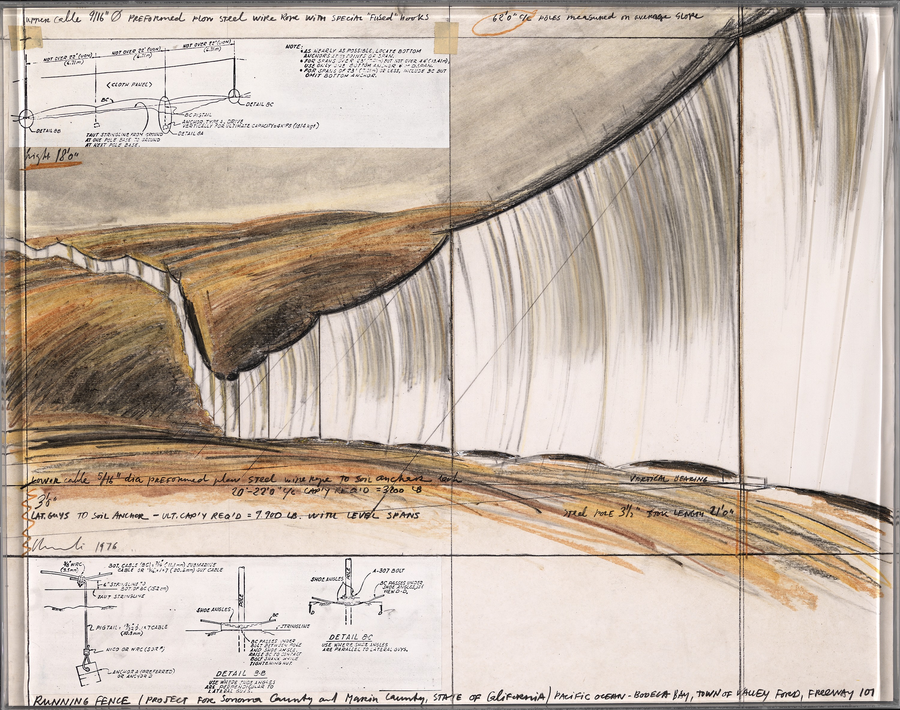 Christo, Running Fence Project for Sonoma County and Marin County, State of California Pacific Ocean---Bodega Bay, Town of Valley Ford, Freeway 101, 1976, pencil, fabric, staples, pastel, charcoal, wax crayon, technical data on paperboard, 22 x 28 in. 55.9 x 71.1 cm frame: 22 1/4 x 28 1/4 in. (56.5 x 71.8 cm), Smithsonian American Art Museum, Museum purchase through the Luisita L. and Franz H. Denghausen Endowment, 2009.9.10, © 1976, Christo SAAM-2009.9.10_2