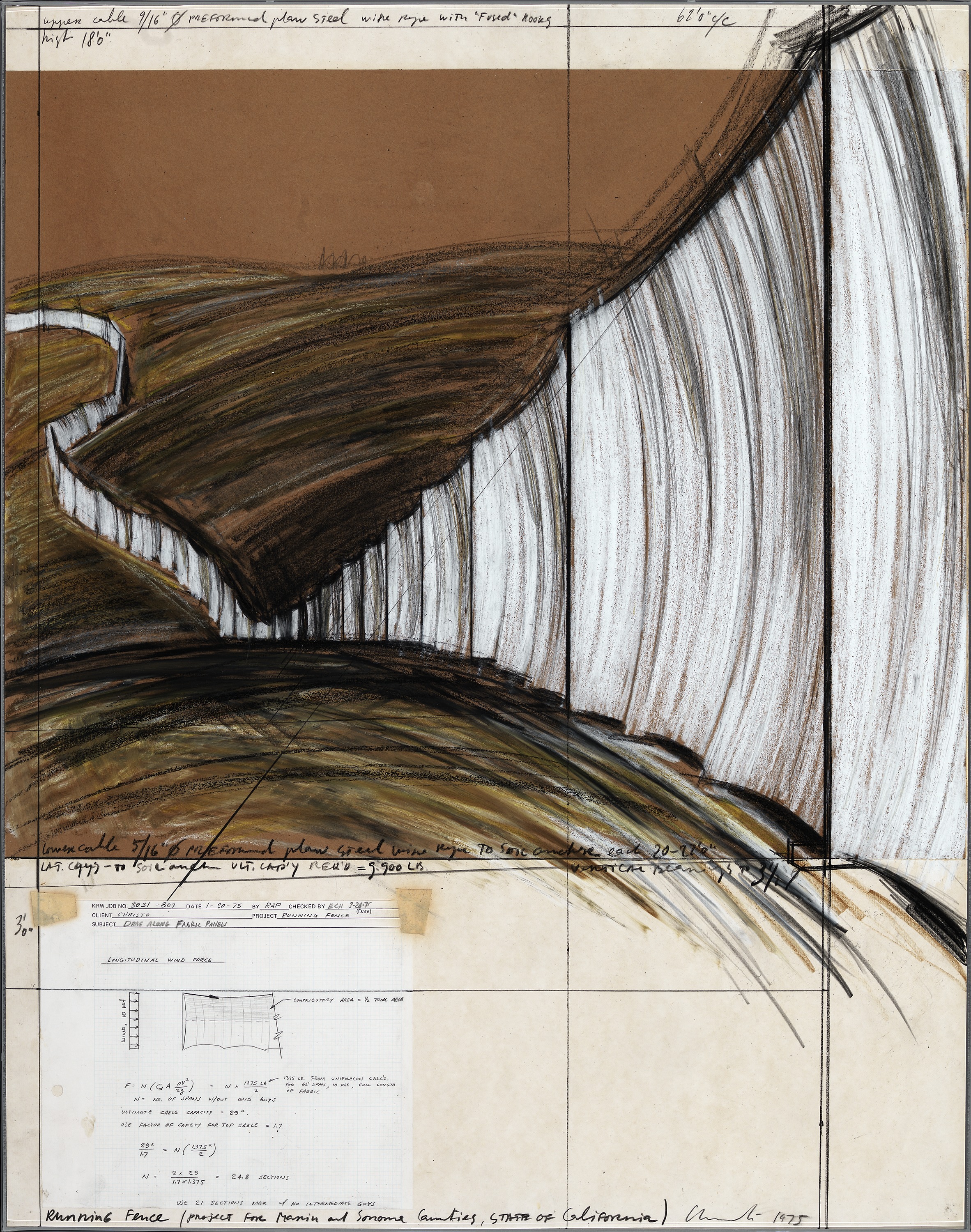 Christo, Running Fence Project for Sonoma and Marin Counties, State of California, 1975, pencil, charcoal, wax crayon, pastel, brown paper with technical data collage element on paperboard, 28 x 22 in. 71.1 x 55.9 cm, frame: 28 1/4 x 22 1/4 in. 71.8 x 56.5 cm, Smithsonian American Art Museum, Museum purchase through the Luisita L. and Franz H. Denghausen Endowment, 2009.9.4, © 1975, Christo SAAM-2009.9.4_1